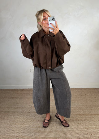 Faux suede bomber jacket - Chocolate-The Style Attic