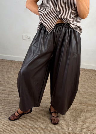 Finn leather look barrel leg trouser - Chocolate-The Style Attic