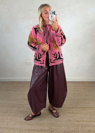 Finn leather look barrel leg trouser - Merlot-The Style Attic