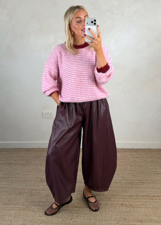 Finn leather look barrel leg trouser - Merlot-The Style Attic