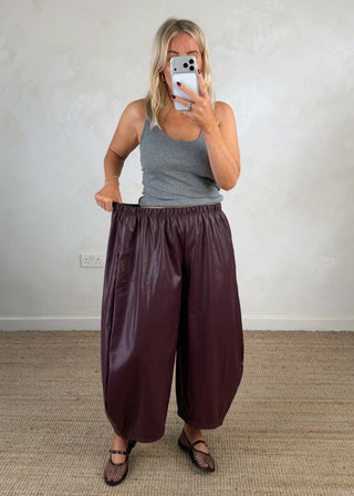 Finn leather look barrel leg trouser - Merlot-The Style Attic