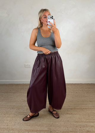 Finn leather look barrel leg trouser - Merlot-The Style Attic