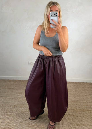 Finn leather look barrel leg trouser - Merlot-The Style Attic