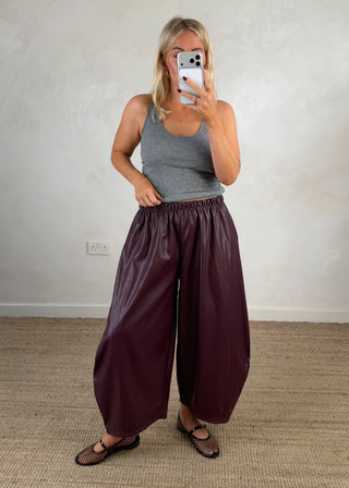 Finn leather look barrel leg trouser - Merlot-The Style Attic
