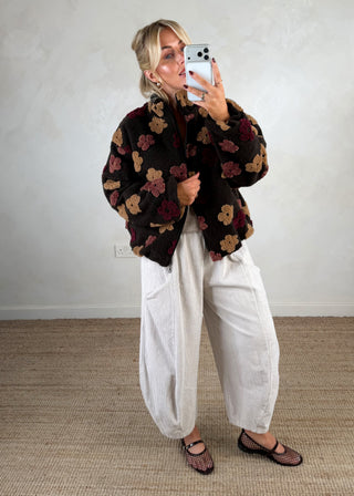 Floral borg fleece - Chocolate-The Style Attic
