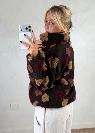Floral borg fleece - Chocolate-The Style Attic