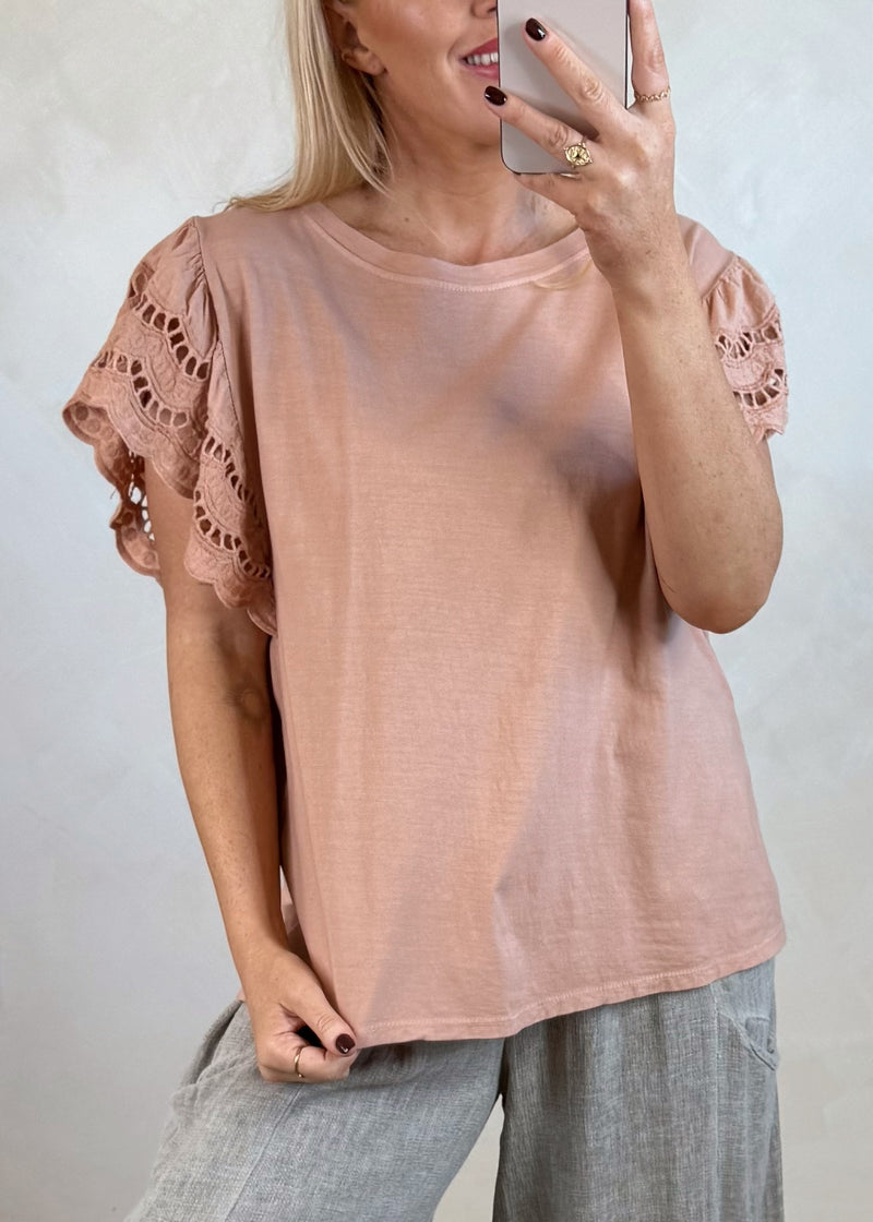 Florrie broderie anglaise tee - soft terracotta-The Style Attic