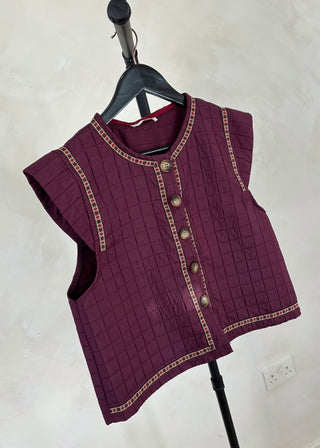 Folksy button front gilet - Aubergine-The Style Attic