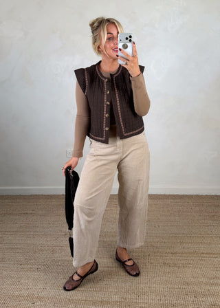 Folksy button front gilet - Chocolate-The Style Attic