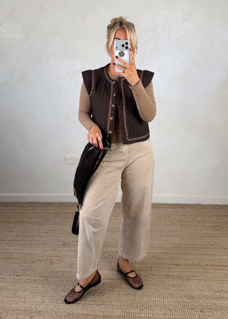 Folksy button front gilet - Chocolate-The Style Attic