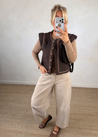 Folksy button front gilet - Chocolate-The Style Attic