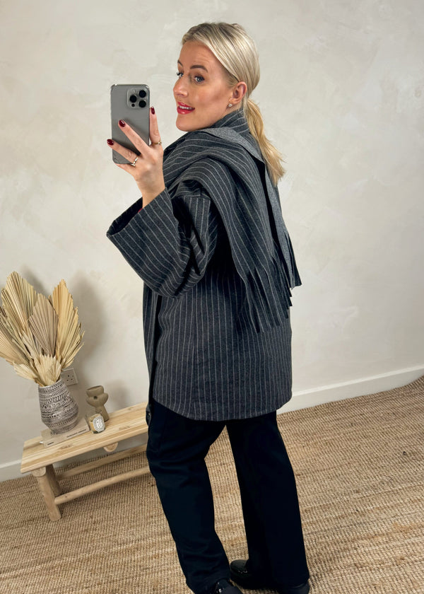 Fringed scarf jacket - striped grey-The Style Attic