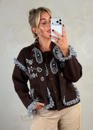 Fringed western knit - Chocolate-The Style Attic