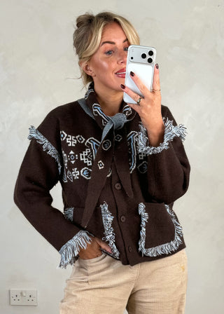 Fringed western knit - Chocolate-The Style Attic
