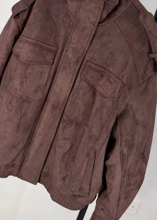 Funnel neck faux suede jacket - Chocolate-The Style Attic