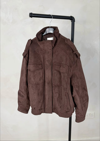 Funnel neck faux suede jacket - Chocolate-The Style Attic