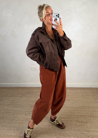 Funnel neck faux suede jacket - Chocolate-The Style Attic