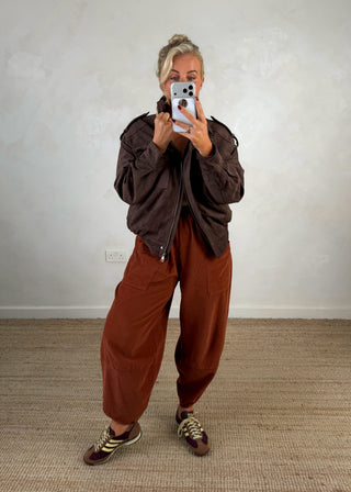 Funnel neck faux suede jacket - Chocolate-The Style Attic