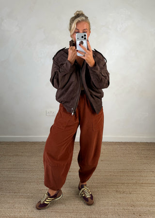 Funnel neck faux suede jacket - Chocolate-The Style Attic