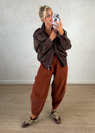Funnel neck faux suede jacket - Chocolate-The Style Attic