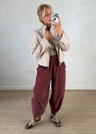 Funnel neck lightweight gingham jacket - Beige-The Style Attic