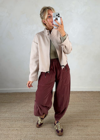 Funnel neck lightweight gingham jacket - Beige-The Style Attic