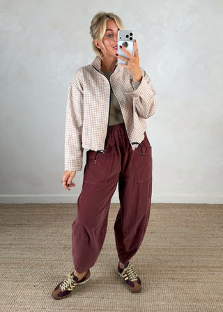 Funnel neck lightweight gingham jacket - Beige-The Style Attic