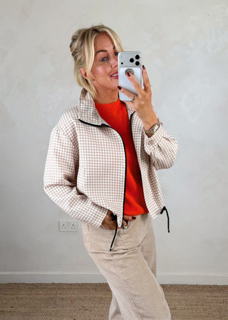 Funnel neck lightweight gingham jacket - Camel-The Style Attic