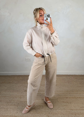 Funnel neck lightweight gingham jacket - Camel-The Style Attic