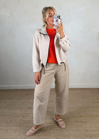 Funnel neck lightweight gingham jacket - Camel-The Style Attic