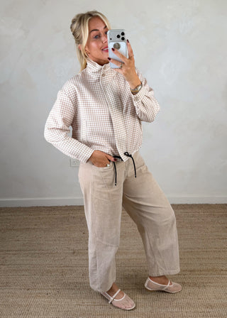 Funnel neck lightweight gingham jacket - Camel-The Style Attic