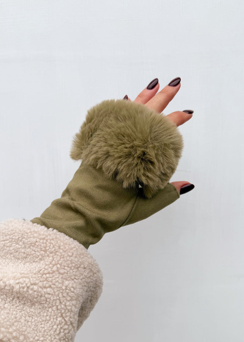 Fur trim fingerless glove - olive-The Style Attic