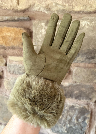 Fur trim glove - Olive-The Style Attic