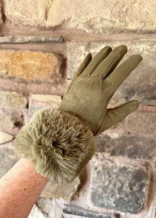 Fur trim glove - Olive-The Style Attic