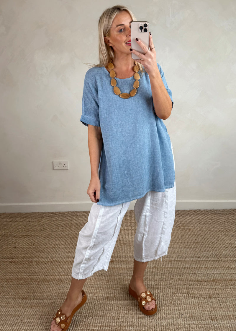 Hannah linen blend top - denim-The Style Attic