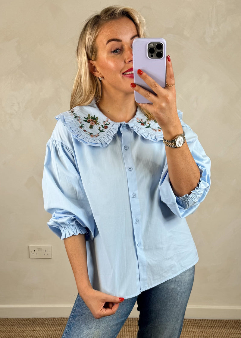 Harriet embroidered collar shirt - cornflower-The Style Attic