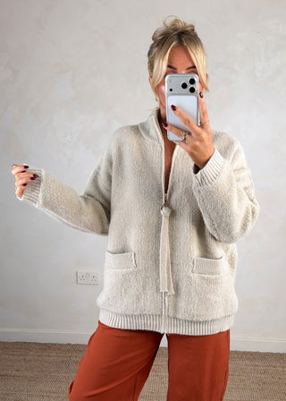 Heavy knit zip through - Cream-The Style Attic