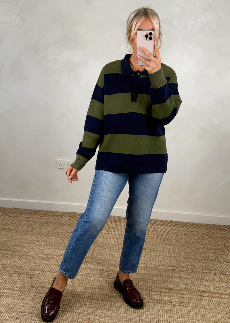 Henley rugby knit - navy/green-The Style Attic