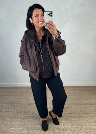 Funnel neck faux suede jacket - Chocolate