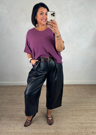 Leather look belted barrel leg trouser - Black