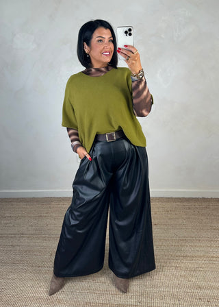 Simone leather look wide leg trouser - Black