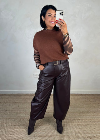 Chloe leather look barrel leg trouser - Chocolate