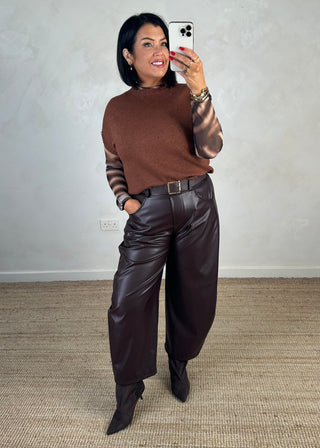Chloe leather look barrel leg trouser - Chocolate