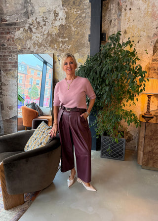 Leather look belted barrel leg trouser - Merlot