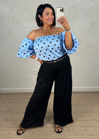 Carrie polka dot bardot blouse - Chocolate/powder blue