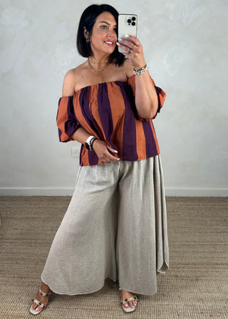 Carrie striped bardot blouse - Rust/plum