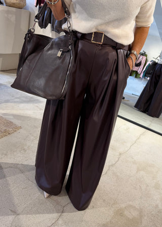 Simone leather look wide leg trouser - Chocolate