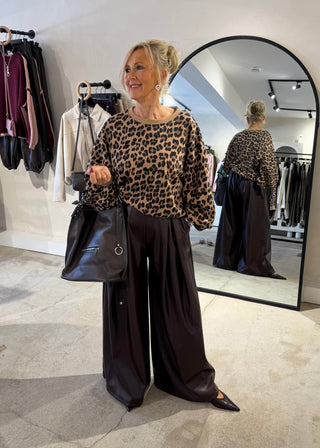 Simone leather look wide leg trouser - Chocolate