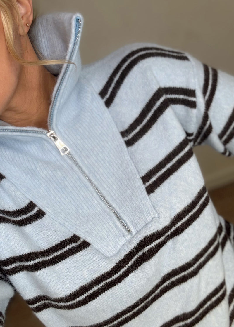 Jodie striped half zip knit - sky blue-The Style Attic