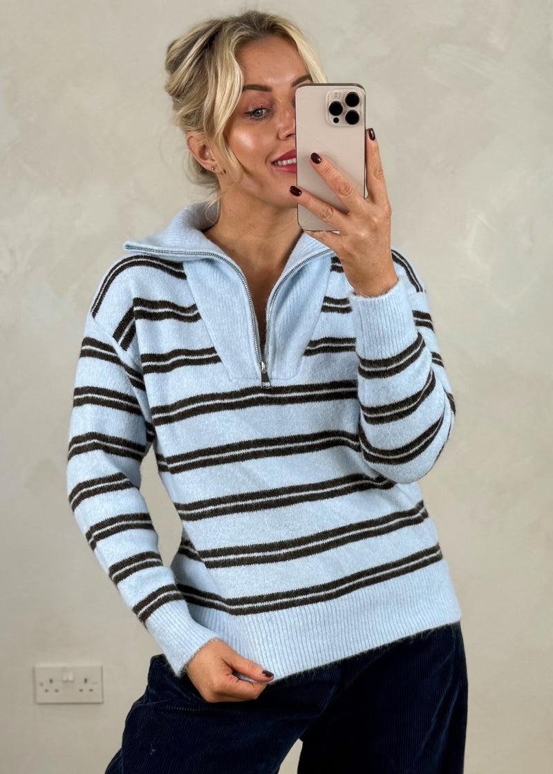 Jodie striped half zip knit - sky blue-The Style Attic